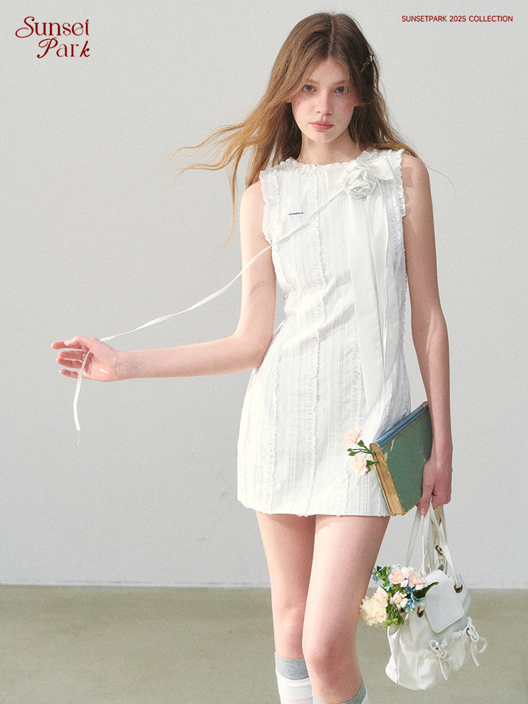 Rosette Ribbon Ruffle Mini Dress
