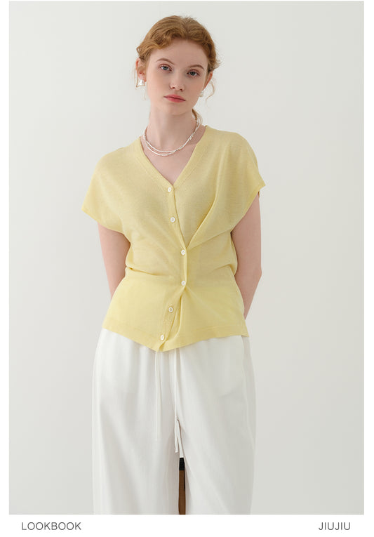 Dropped Shoulder Asymmetric Ruched Knit Top