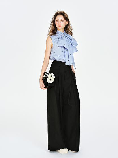 Large Tie Neck Sleeveless Jacquard Embroidered Top