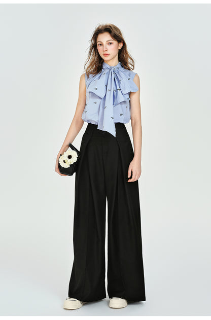 Large Tie Neck Sleeveless Jacquard Embroidered Top