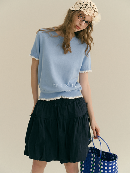 Round Neck Cotton Sweater With Lace Trim