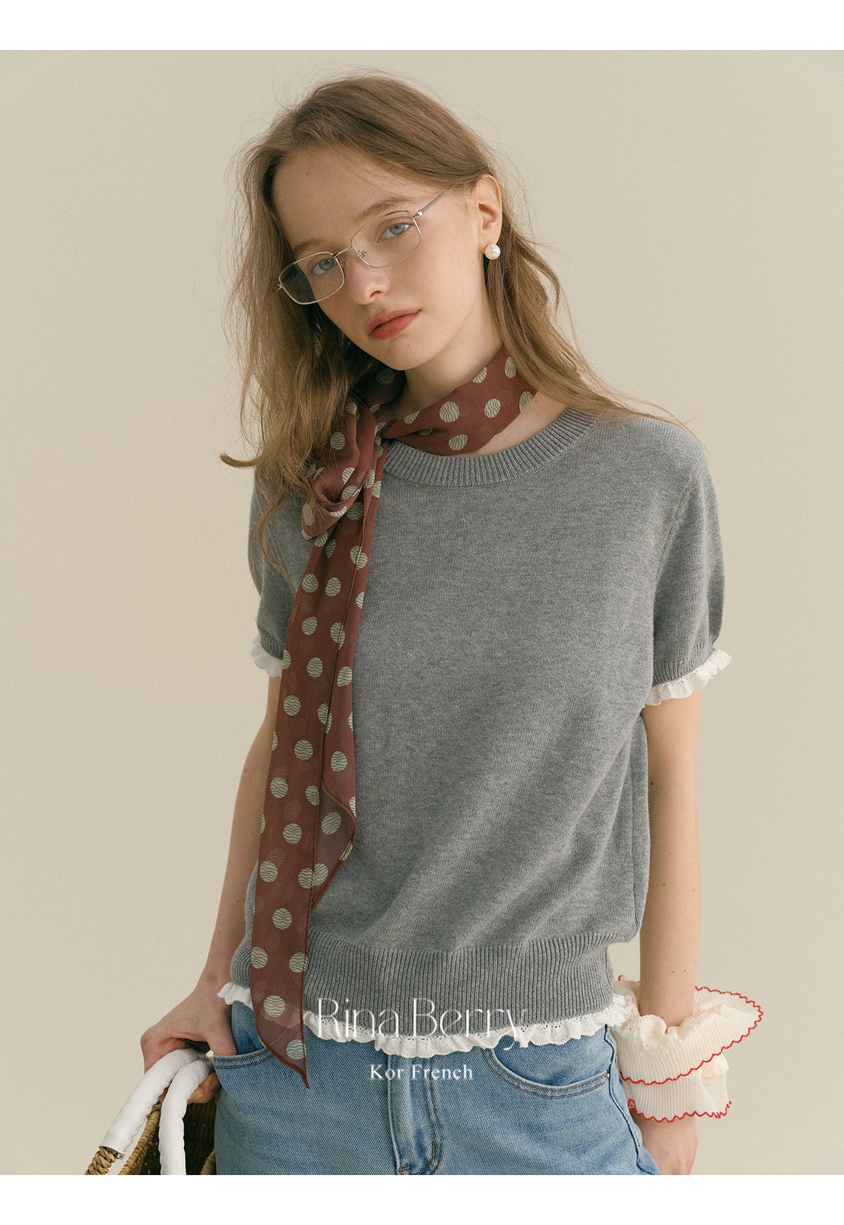 Round Neck Cotton Sweater With Lace Trim