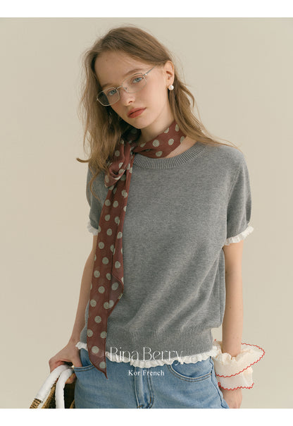 Round Neck Cotton Sweater With Lace Trim
