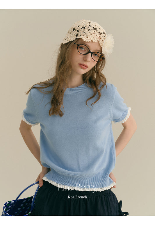 Round Neck Cotton Sweater With Lace Trim