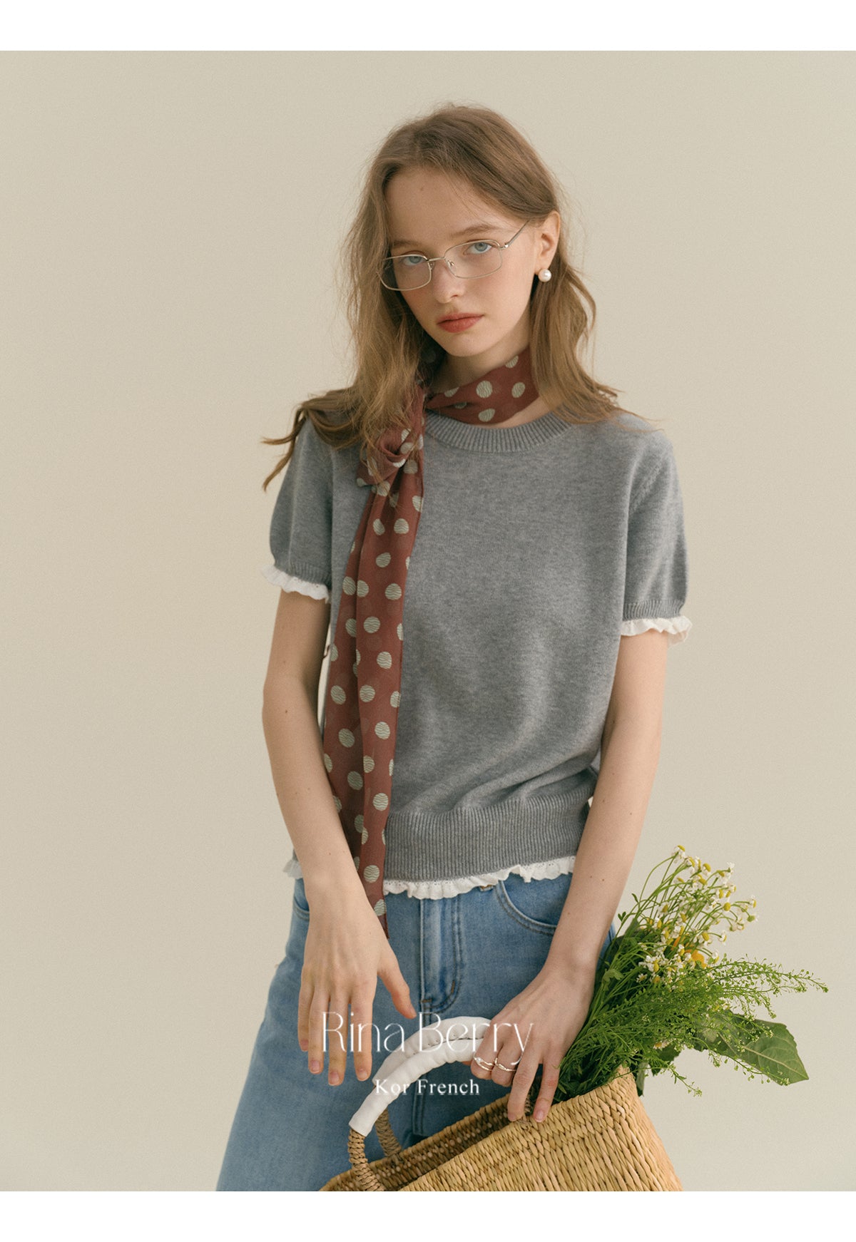 Round Neck Cotton Sweater With Lace Trim
