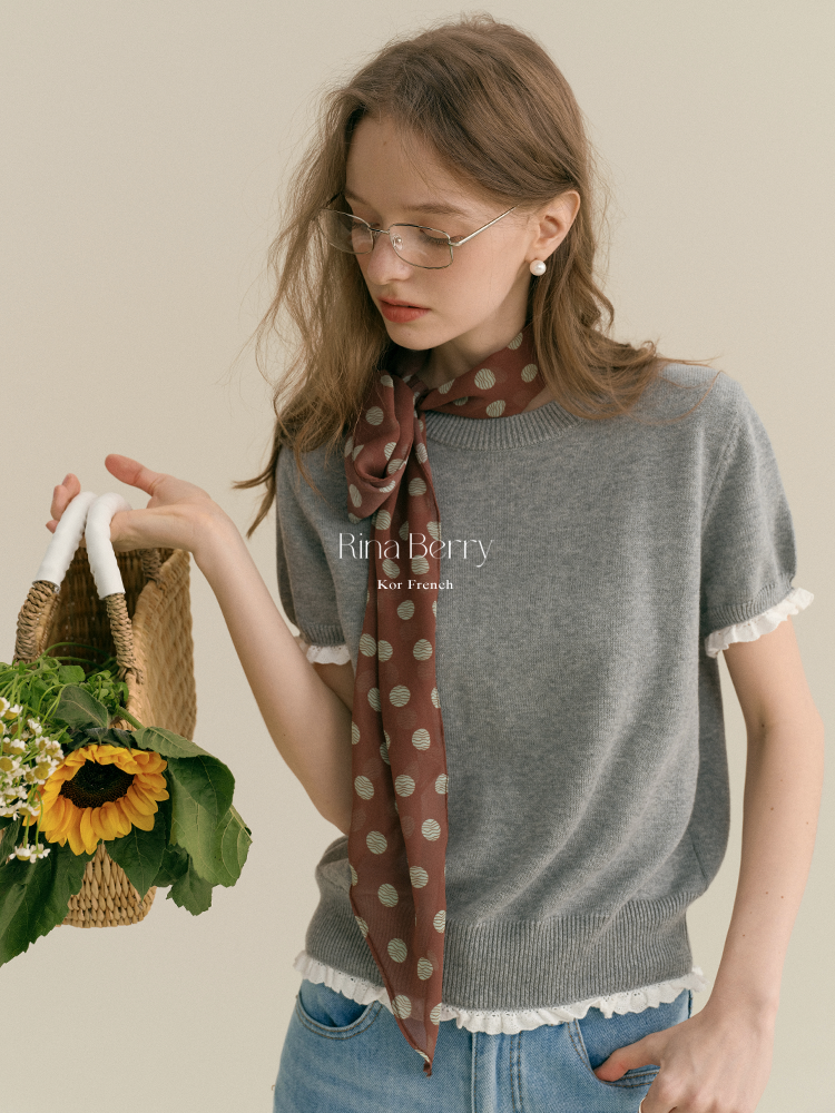Round Neck Cotton Sweater With Lace Trim