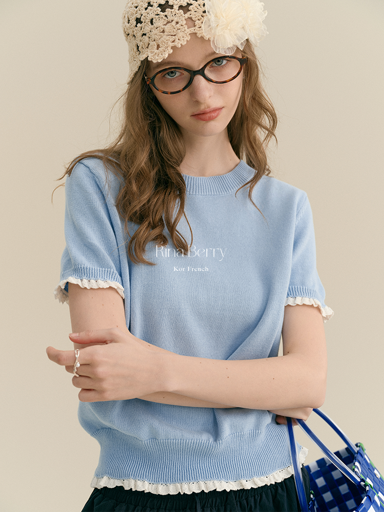 Round Neck Cotton Sweater With Lace Trim
