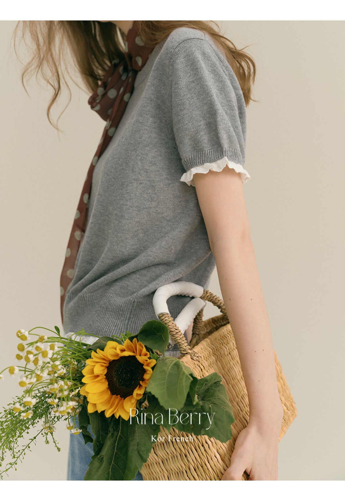 Round Neck Cotton Sweater With Lace Trim