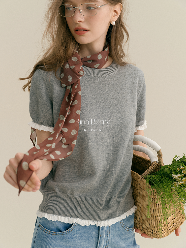 Round Neck Cotton Sweater With Lace Trim