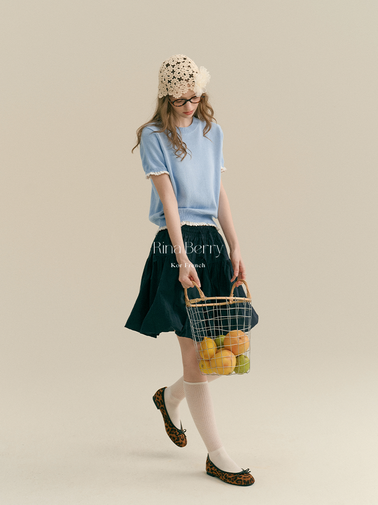 Round Neck Cotton Sweater With Lace Trim
