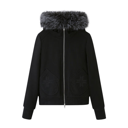 Mitten Pocket Hoodie With Removable Fur / Flared Pants
