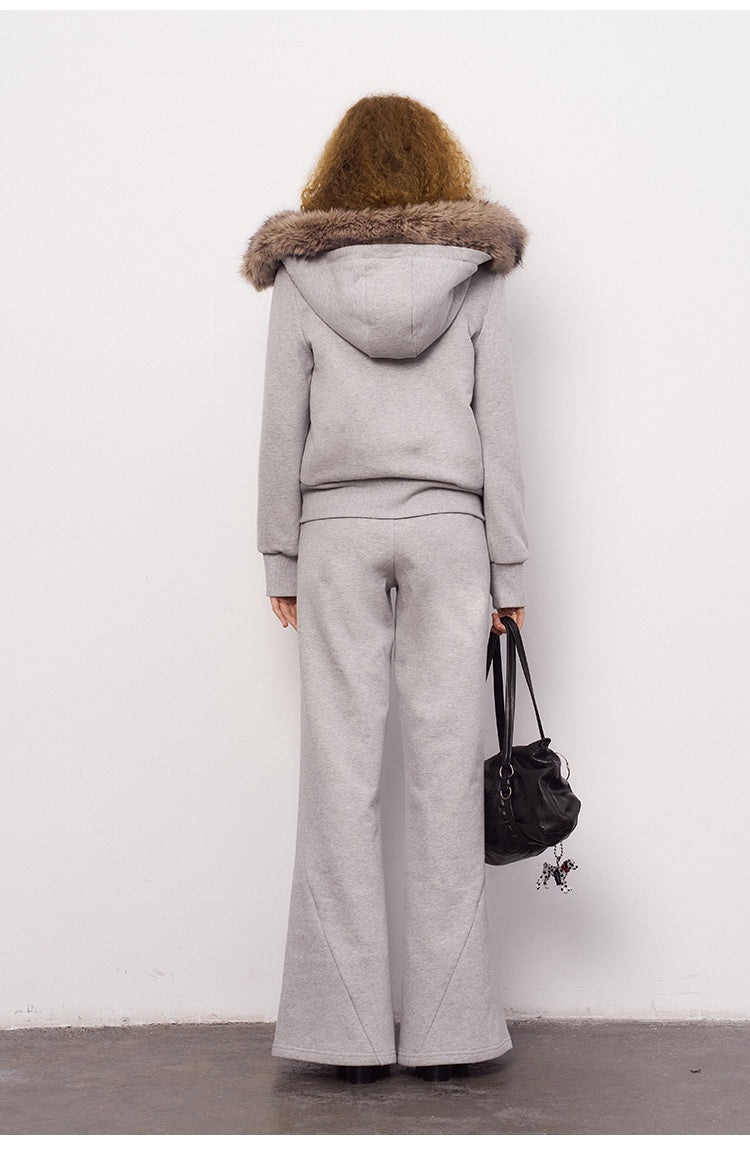 Mitten Pocket Hoodie With Removable Fur / Flared Pants