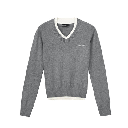 Contrast Detail V-Neck Cotton Blend Knit Sweater