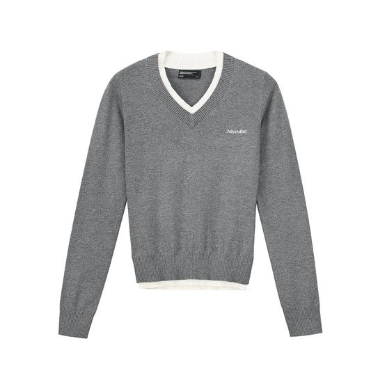 Contrast Detail V-Neck Cotton Blend Knit Sweater
