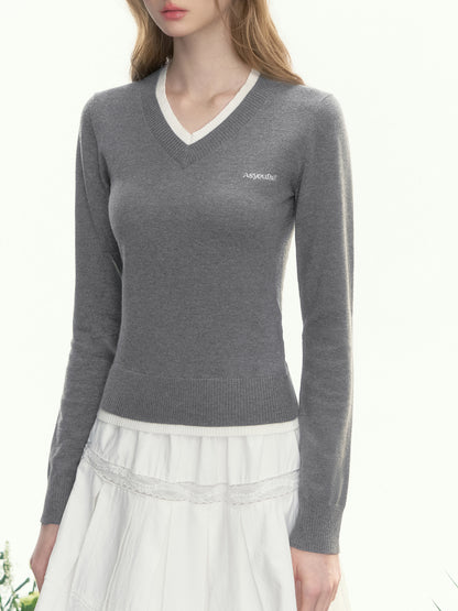 Contrast Detail V-Neck Cotton Blend Knit Sweater
