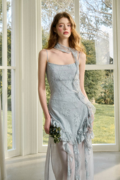 Ruffled Lace Chiffon Slip Dress & Matching Scarf
