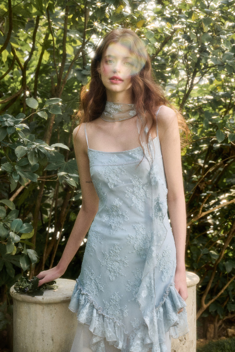 Ruffled Lace Chiffon Slip Dress & Matching Scarf