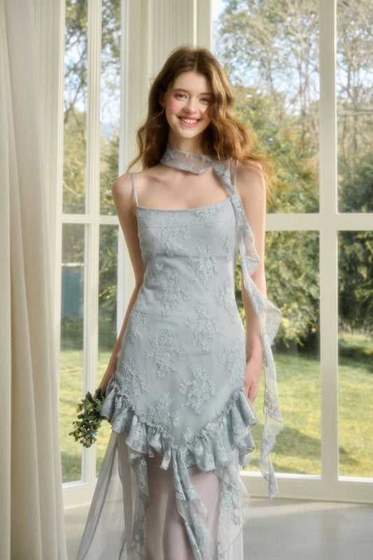 Ruffled Lace Chiffon Slip Dress & Matching Scarf