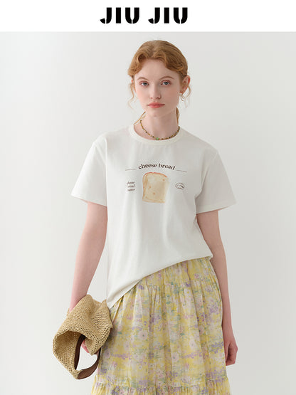 Cheese Bread Print Cotton T-Shirt
