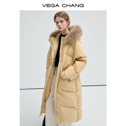 Long Duck Down Puffer Jacket With Fox Fur Collar