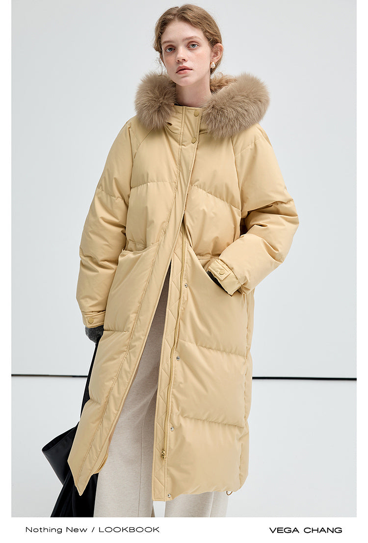 Long Duck Down Puffer Jacket With Fox Fur Collar