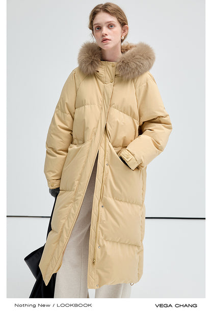 Long Duck Down Puffer Jacket With Fox Fur Collar