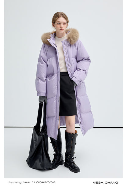 Long Duck Down Puffer Jacket With Fox Fur Collar