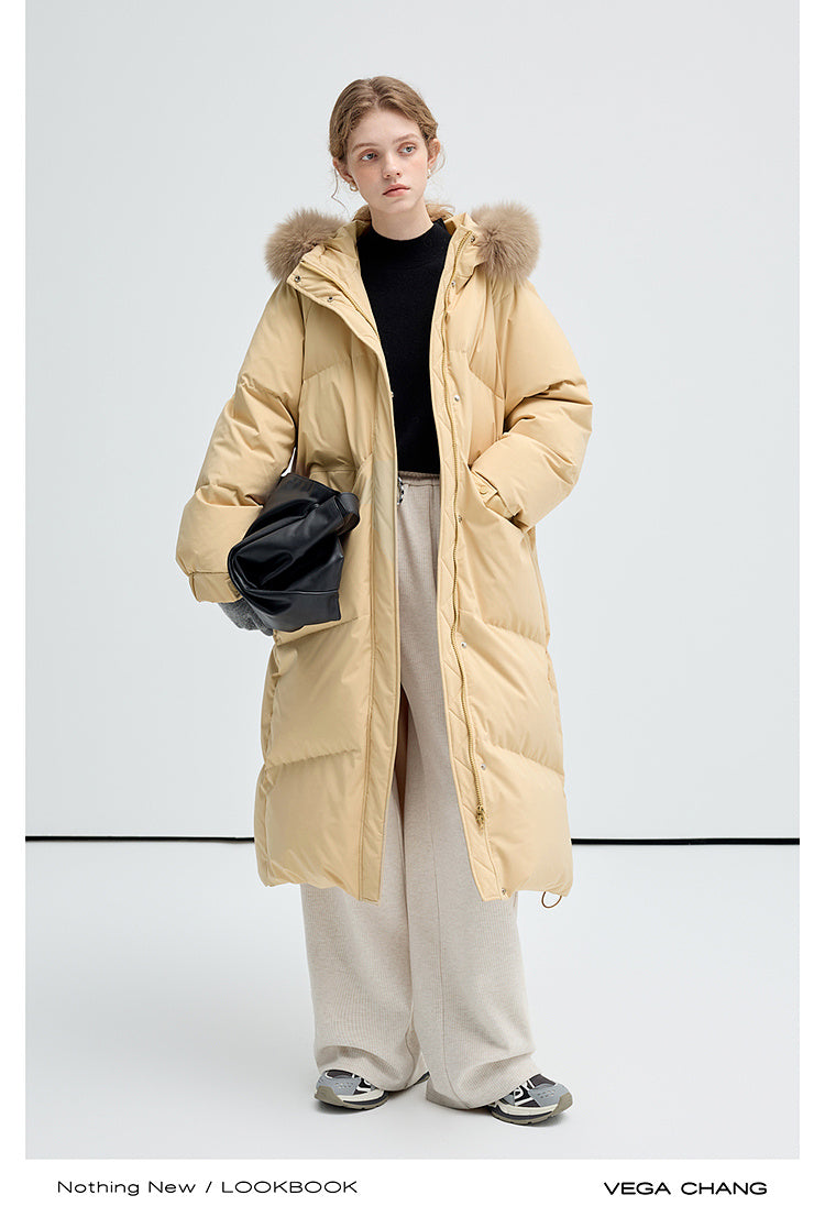 Long Duck Down Puffer Jacket With Fox Fur Collar