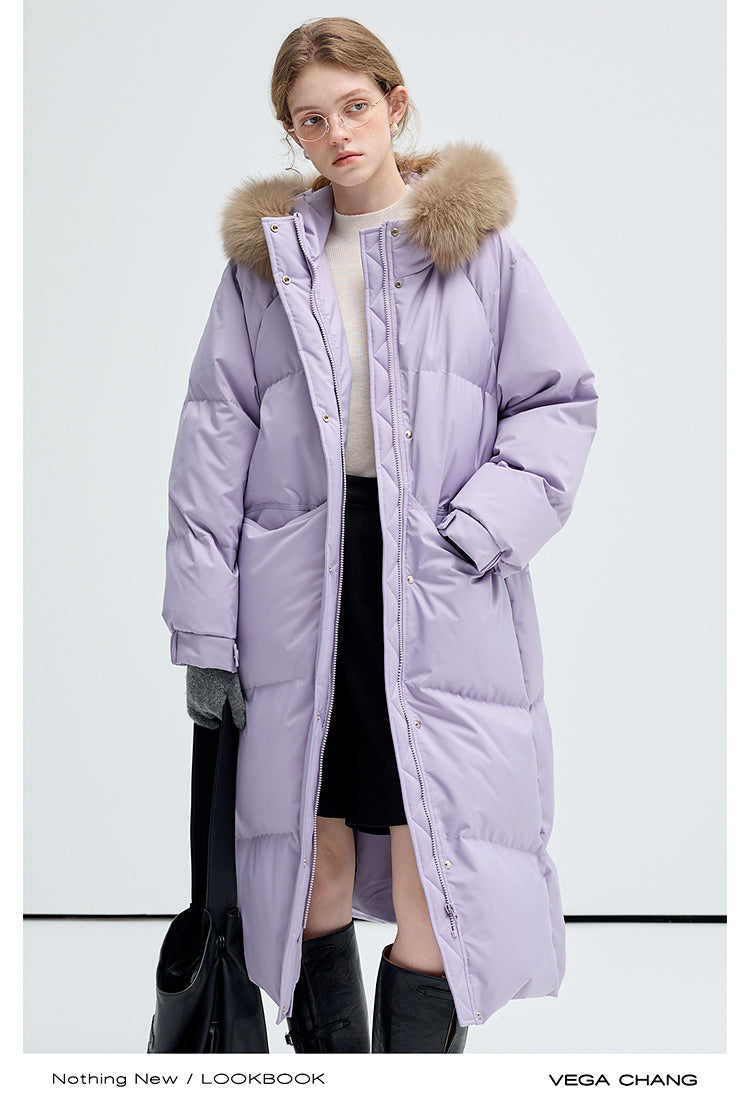 Long Duck Down Puffer Jacket With Fox Fur Collar