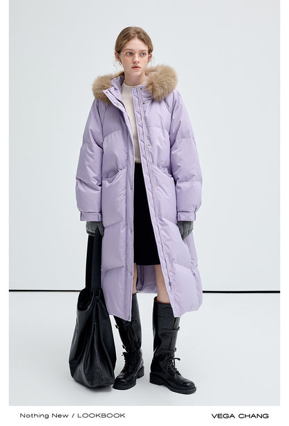 Long Duck Down Puffer Jacket With Fox Fur Collar