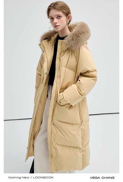 Long Duck Down Puffer Jacket With Fox Fur Collar