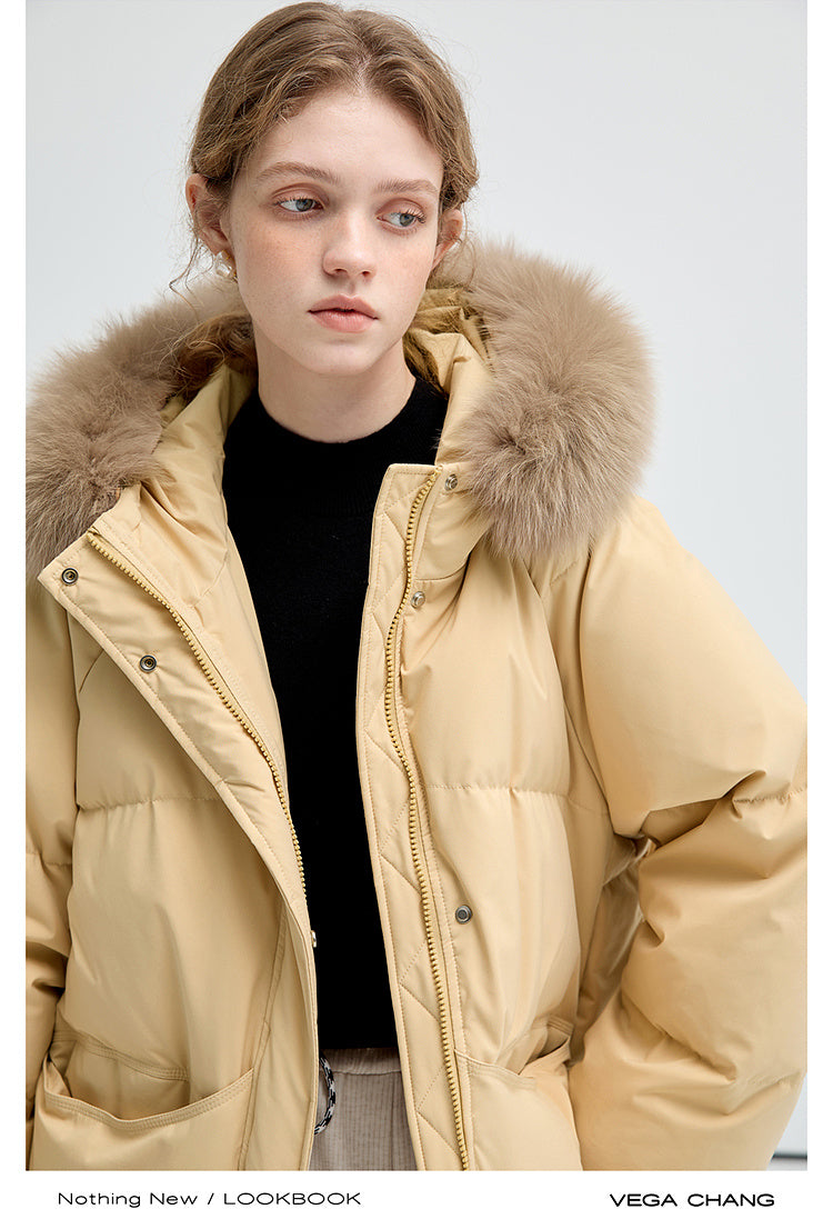 Long Duck Down Puffer Jacket With Fox Fur Collar