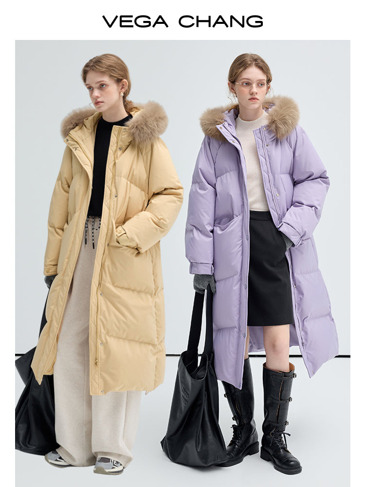 Long Duck Down Puffer Jacket With Fox Fur Collar