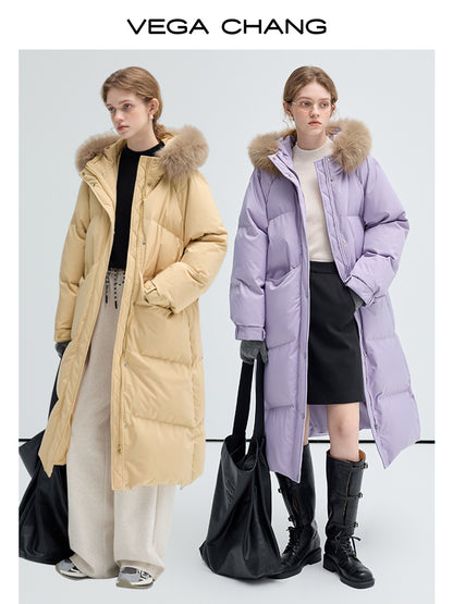 Long Duck Down Puffer Jacket With Fox Fur Collar