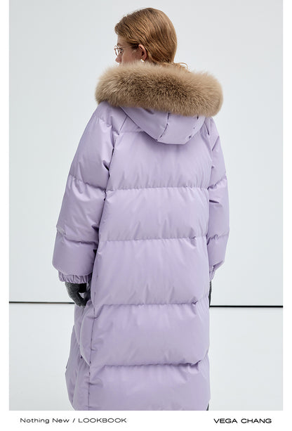 Long Duck Down Puffer Jacket With Fox Fur Collar