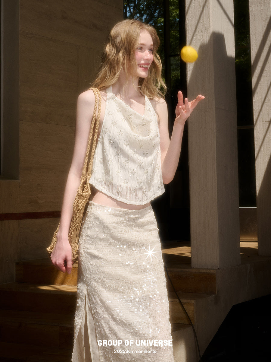 Sparkling Sequin Halter Top & Slit Skirt