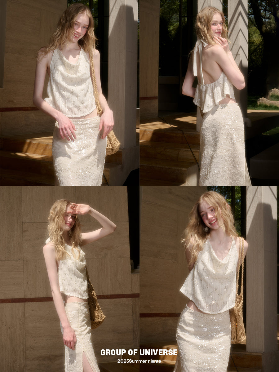 Sparkling Sequin Halter Top & Slit Skirt