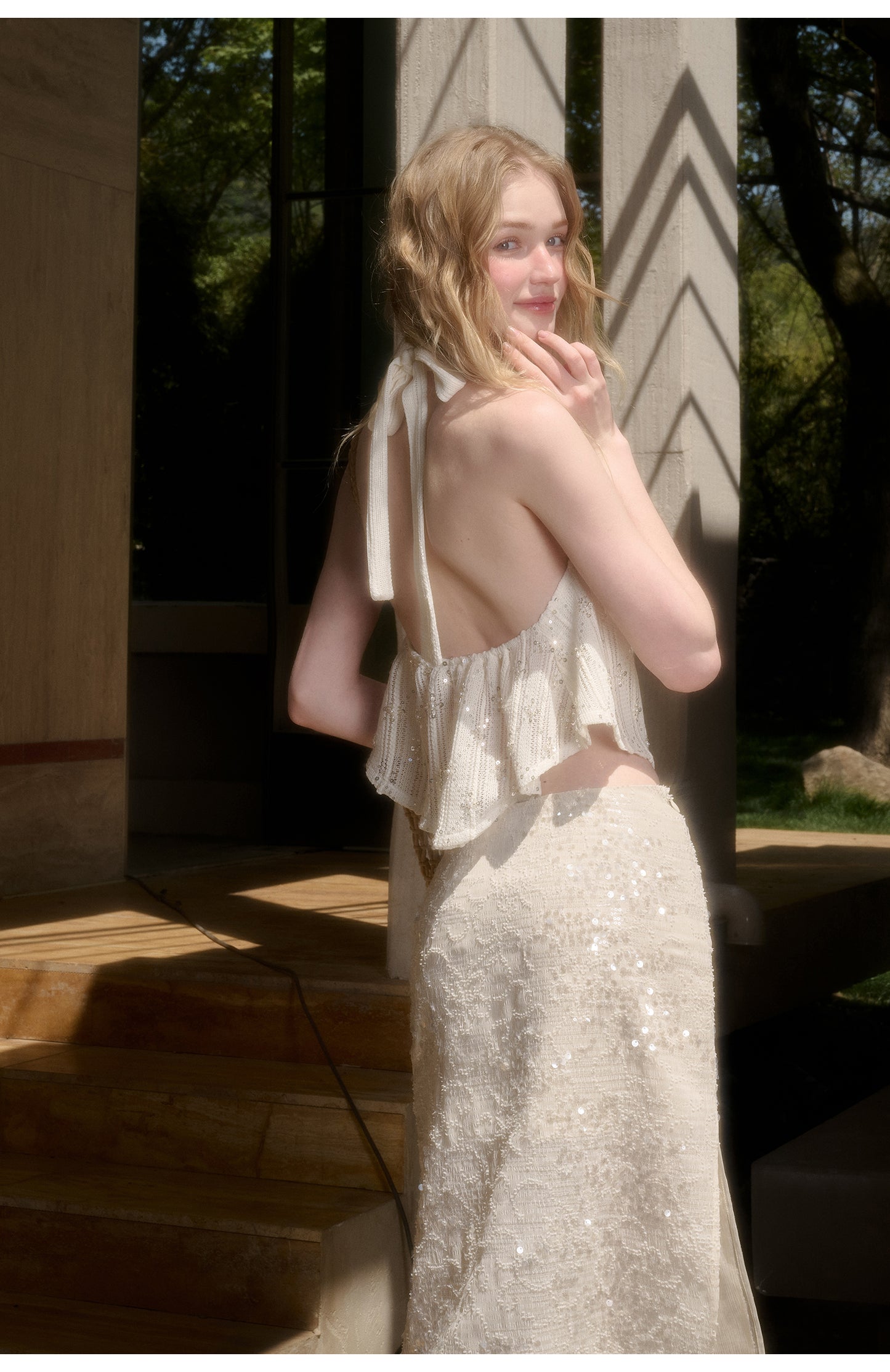 Sparkling Sequin Halter Top & Slit Skirt