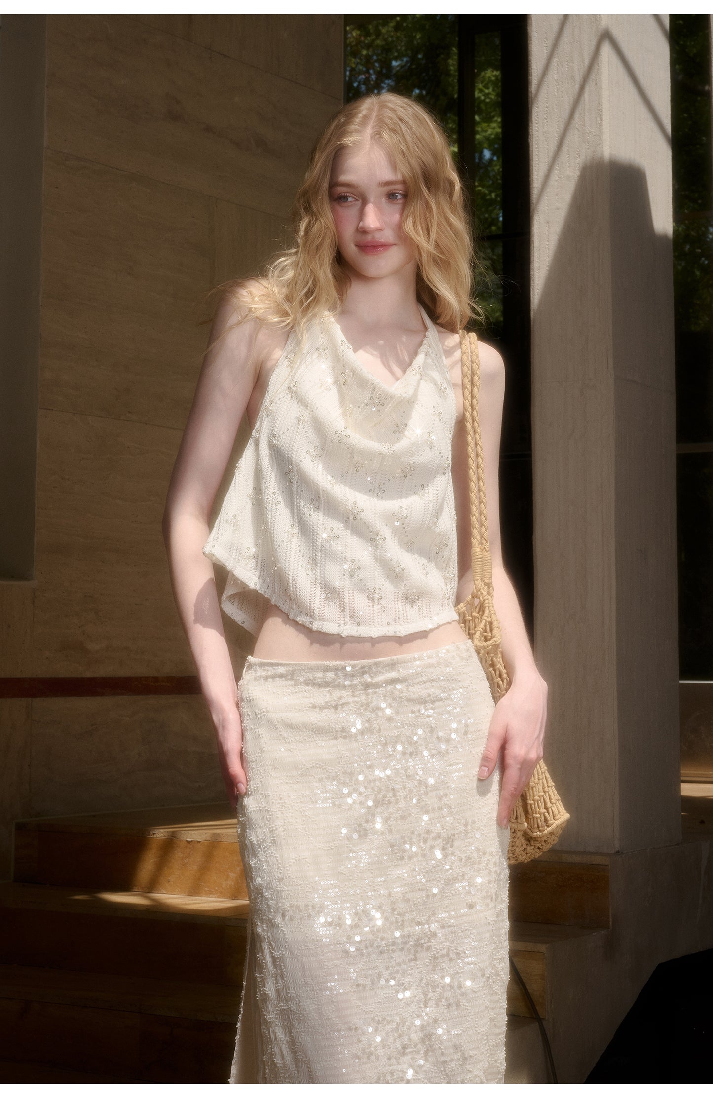 Sparkling Sequin Halter Top & Slit Skirt
