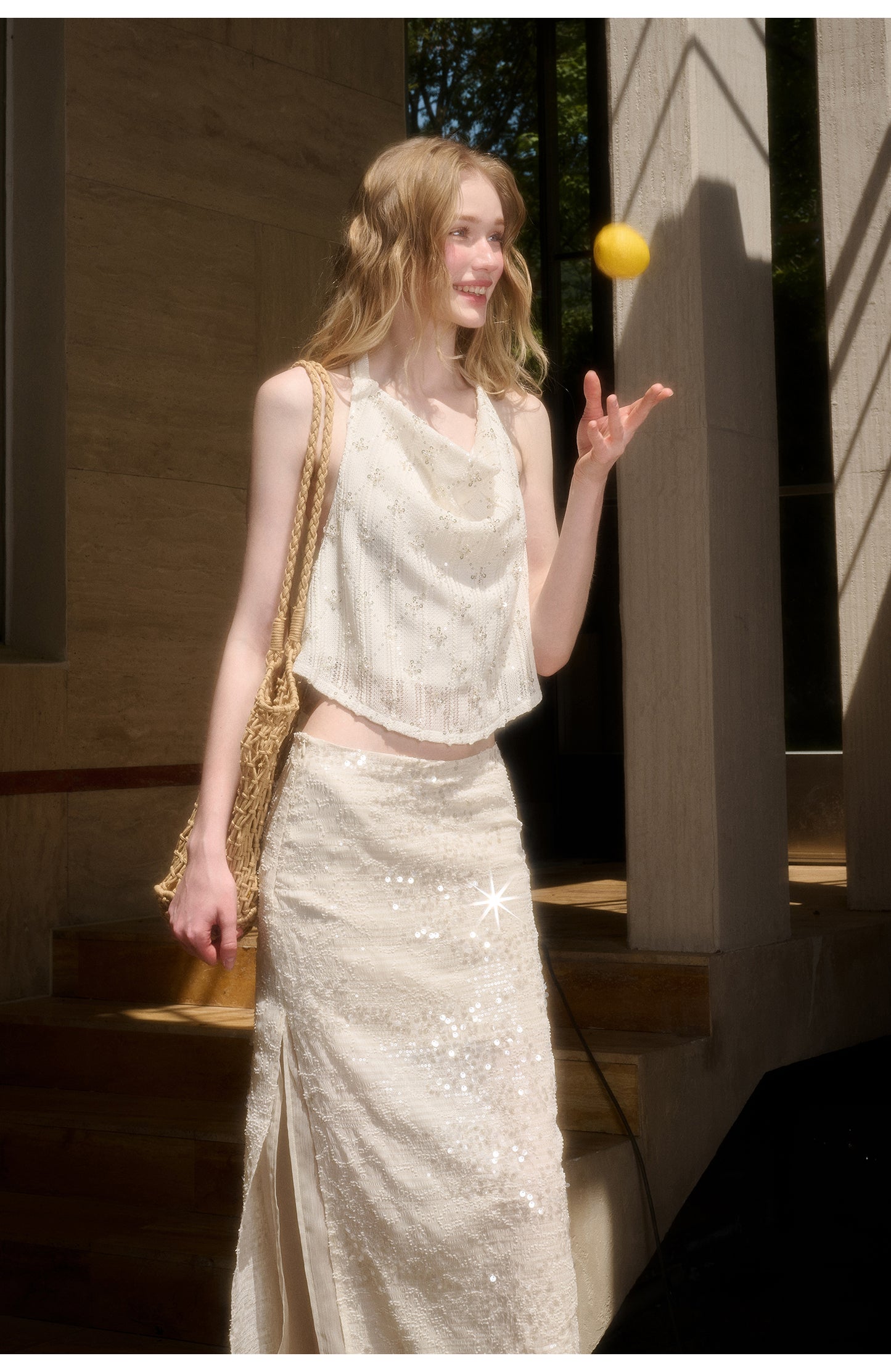 Sparkling Sequin Halter Top & Slit Skirt