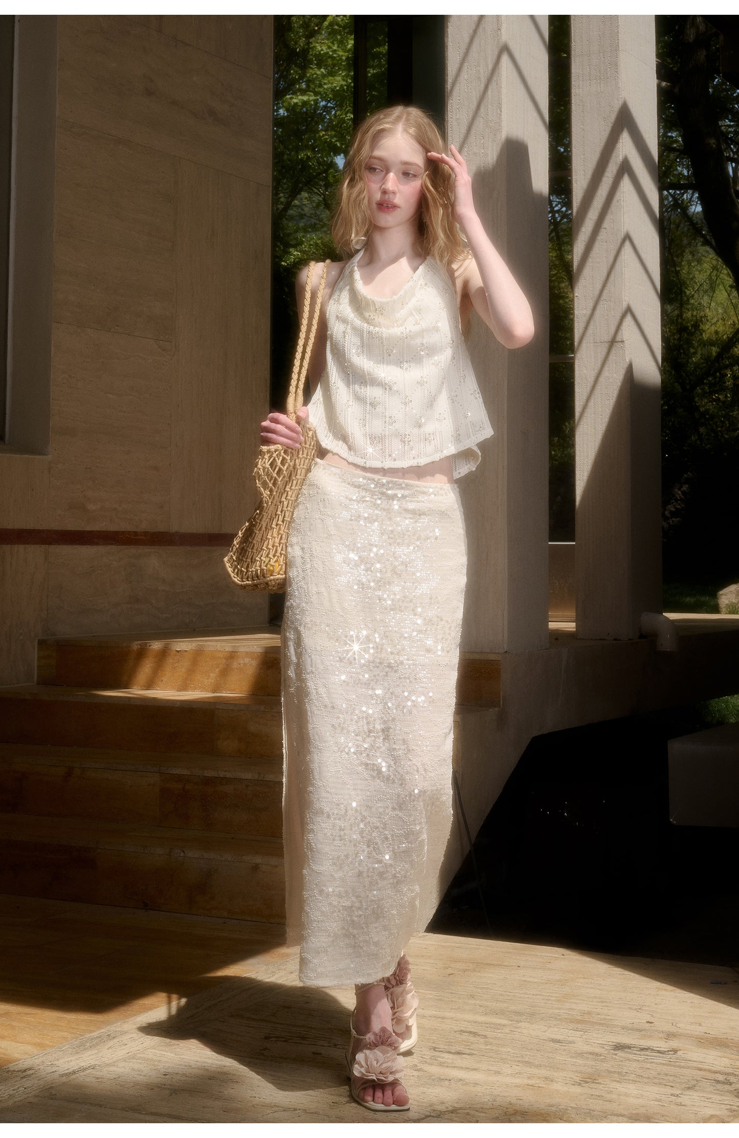 Sparkling Sequin Halter Top & Slit Skirt