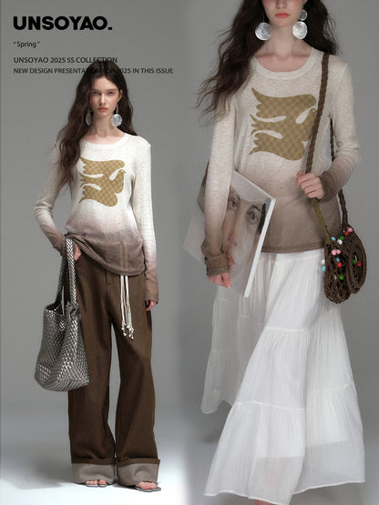 Soft Gradient Bird Motif Knit Pullover