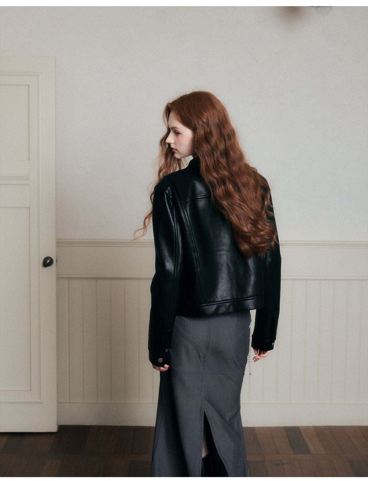 Faux Leather Jacket With Stand Collar