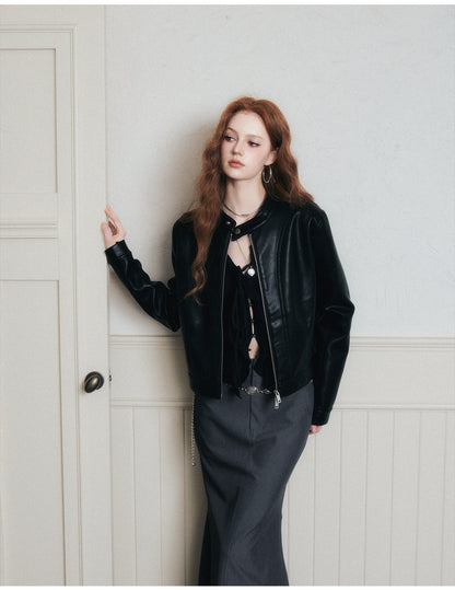 Faux Leather Jacket With Stand Collar