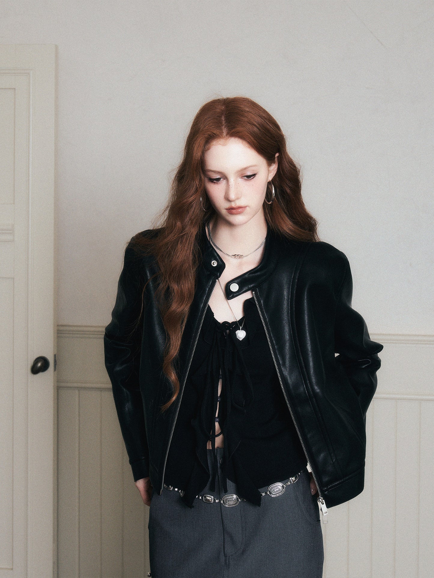 Faux Leather Jacket With Stand Collar