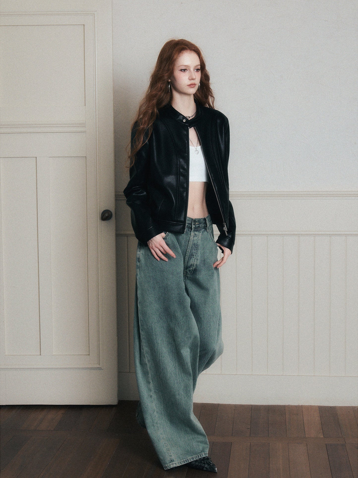 Faux Leather Jacket With Stand Collar