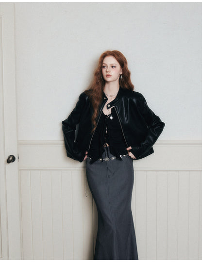 Faux Leather Jacket With Stand Collar