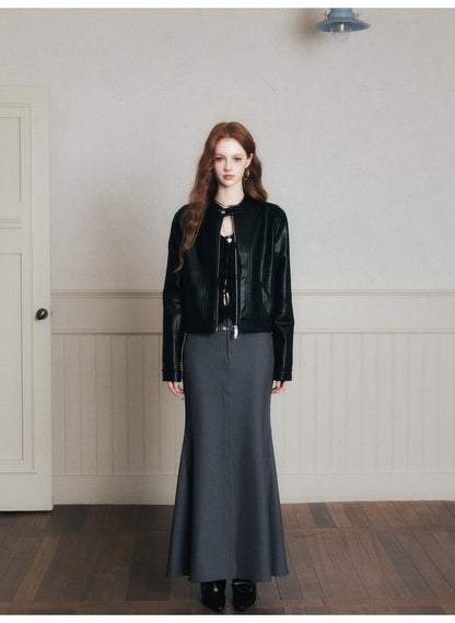 Faux Leather Jacket With Stand Collar