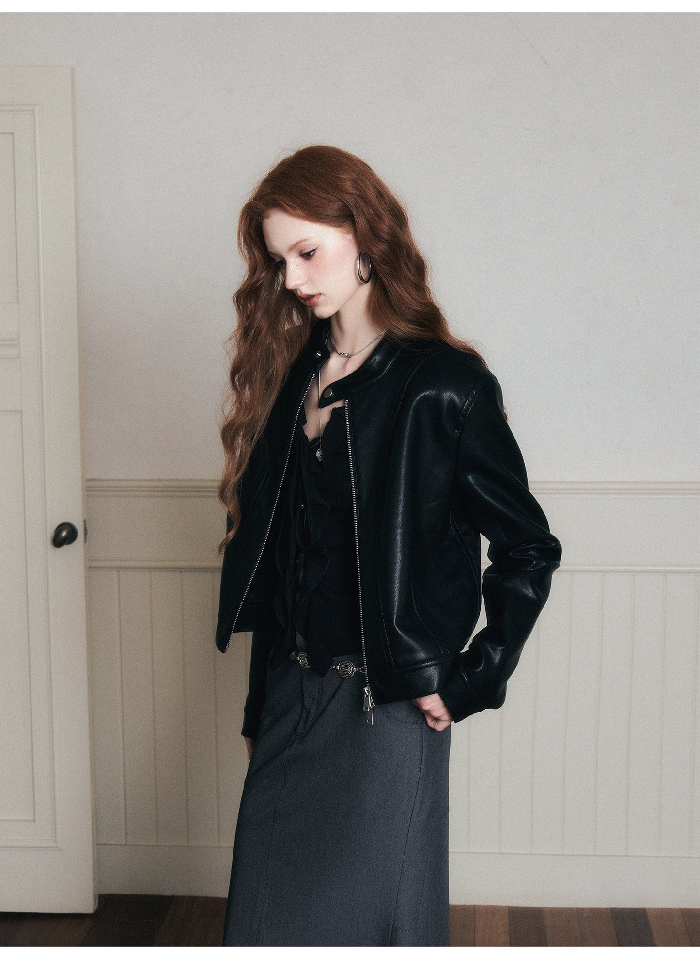 Faux Leather Jacket With Stand Collar