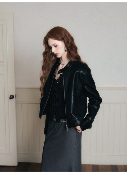 Faux Leather Jacket With Stand Collar